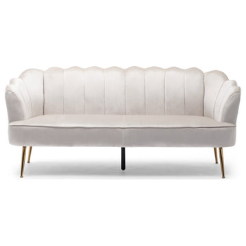 Ohnstad Modern Velvet Channel Stitch 3 Seater Shell Sofa, Beige + Gold