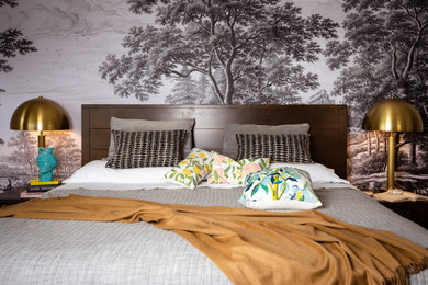 Example of a trendy master wallpaper bedroom design in San Francisco