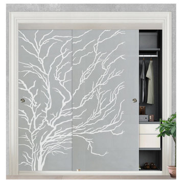 Frameless 2 Leaf Sliding Closet Bypass Glass Door, Dry Tree Design., 72"x80" Inc