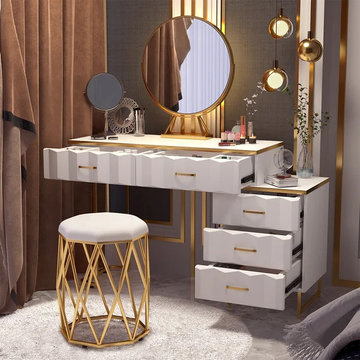 Bedroom FurnitureModern White Extendable Makeup Vanity 5 Drawers Dressing Table