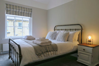 他の地域にある小さなインダストリアルスタイルのおしゃれな主寝室 (グレーの壁、カーペット敷き、暖炉なし、グレーの床、グレーとクリーム色)