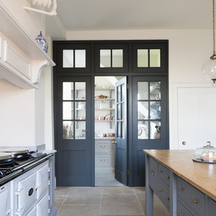 Mid-sized transitional kitchen pantry pictures - Mid-sized transitional single-wall travertine floor and beige floor kitchen pantry photo in Essex with flat-panel cabinets, gray cabinets, wood countertops and an island