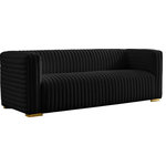 Meridian Furniture - Ravish Velvet Upholstered Chair, Black, Sofa - Bring your living room decor into the moment with this Ravish velvet sofa. This beautiful sofa features all-over upholstery in a soft black color that's easy to blend with other color elements in your space. The deep channel tufting that runs horizontally and vertically along the sofa's exterior adds to its lovely look, and it comes with both gold and chrome legs for a custom finish.