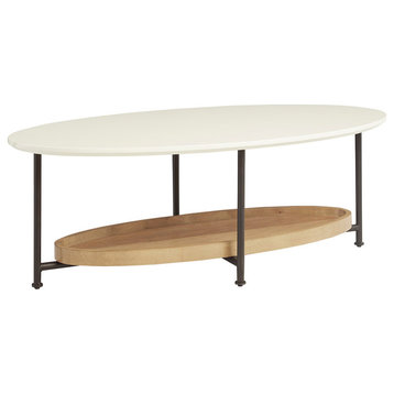 Madison Park Beaumont White Oval Coffee Table With Wood Base Shelf, Coffee Table