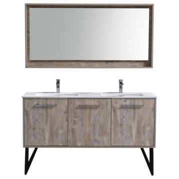 Bosco 60" Double Sink Vanity, Quartz Countertop, Matching Mirror, Nature Wood, N