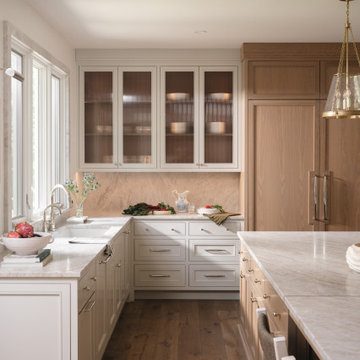 Two-Tone Kitchen Cabinetry — Painted Uppers with Glass Fronts & Natural Oak Isla