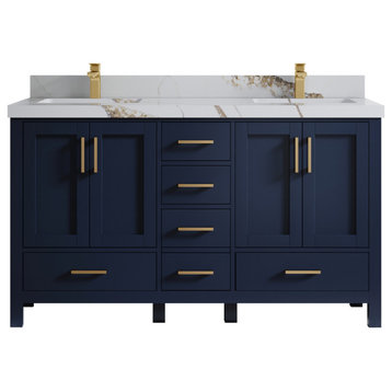 Malibu 60 Double Sink Bathroom Vanity in Navy Blue 2" Calacatta Gold