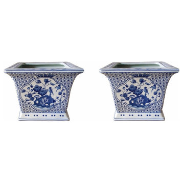 Set of 2 Blue and White Floral Bird Motif Square Porcelain Flower Pots 6"