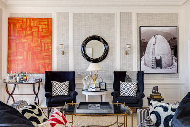 Example of a large transitional open concept carpeted and beige floor living room design in San Francisco with gray walls, no tv, a bar and no fireplace