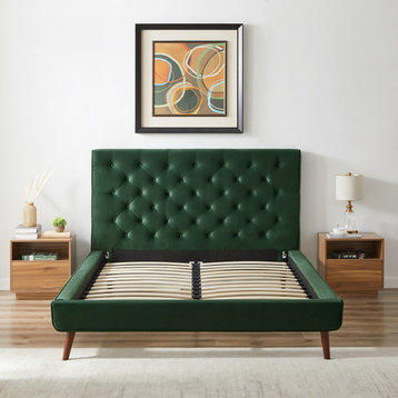Westerman Midcentury Velvet Tufted Solid Wood Platform Bed, Green, Queen