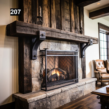 Reclaimed Wood Beam Fireplace Mantel with Iron Corbels