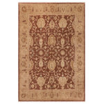 Bareens Designer Rugs - Shabby Chic Ziegler Olimpia Brown Tan Hand-Knotted Wool Rug - 8'1'' x 10'0'' - Enhance the ambiance of your home with this magnificent Persian-influenced Turkish hand-knotted rug made by skilled artisans capable of creating the most exceptional vegetable dyes and hand-spun wool. This exquisite handmade rug is a one-of-a-kind Peshawar Kafkaz, otherwise identified as Chobi, Chobi Peshawar, Oushak, or Ziegler rug. These handmade rugs are crafted in Pakistan utilizing superior-quality wool imported from Australia, New Zealand, and Korea in two types of weaves: the Persian weave and the Mori weave. This rug is meticulously crafted by hand using the finest natural vegetable dyes extracted from local plants. The artisans use a blend of hand-spun local and fine merino wool, resulting in a rug with a compelling texture, higher lanolin content, and longer staple. The artisans occasionally incorporate natural or artificial silk into the pile to enhance specific motifs. The finished product is an awe-inspiring execution of flawless design and an understated palette that exudes elegance.