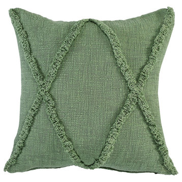 Boho Diamond Tufted Cotton Throw Pillow, Forest Green, 20" X 20"