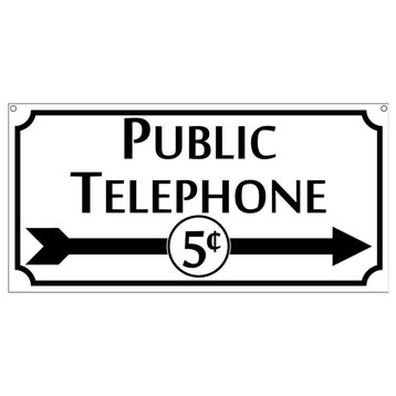 Public Telephone Sign, Novelty Aluminum With Arrow, 6"x12"