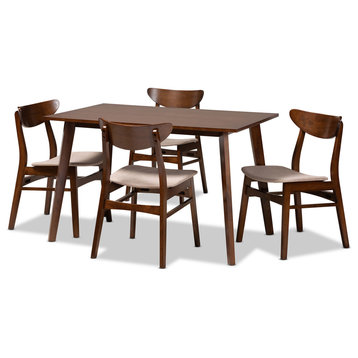 Orion MidCentury Light Beige Upholster and Walnut Brown Wood 5-Piece Dining Set