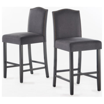 Rosetta Contemporary Upholstered Counter Stools with Nailhead Trim, Set of 2, Da