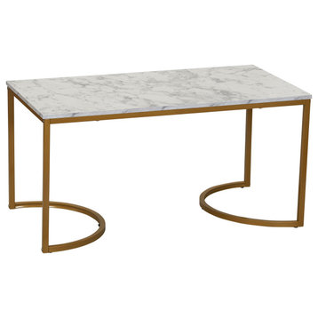 Half Moon Rectangular Coffee Table White Marble and Gold Metal