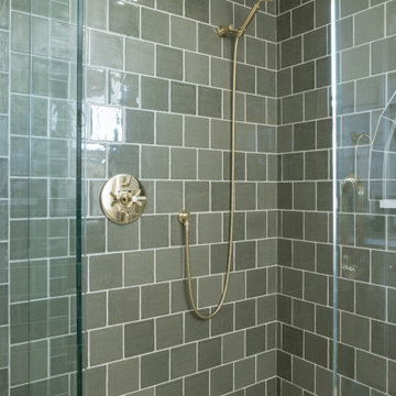 Primary Bathroom Walk-In Shower with Brass Fixtures & Built-In Niche