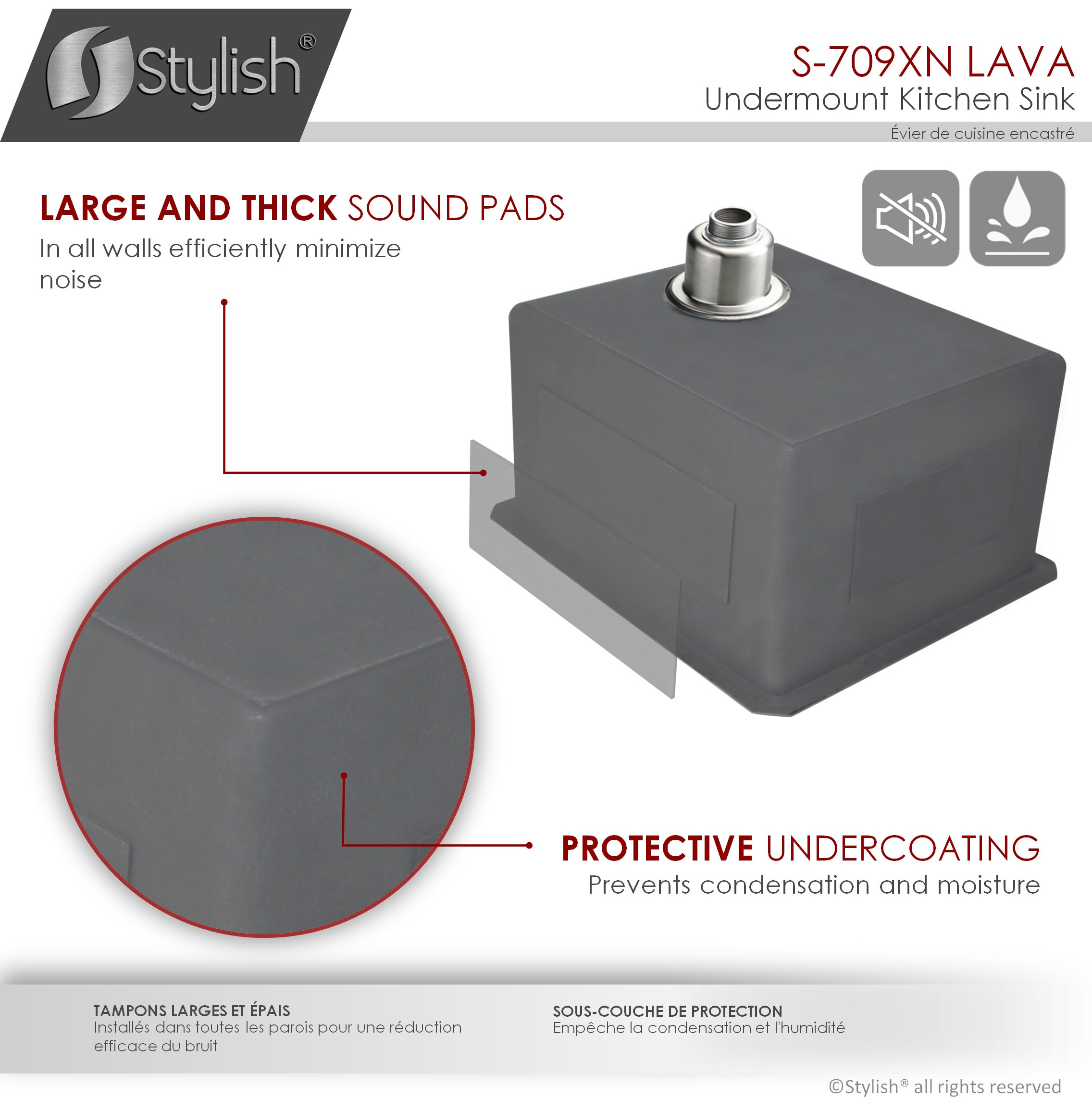 STYLISH 16in Graphite Black Single Bowl Undermount Stainless Steel Kitchen Sink
