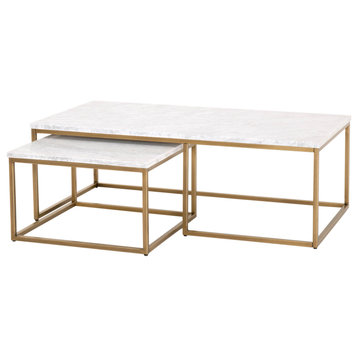Rectangle Carrera Nesting Coffee Table White Carrera Marble, Brushed Gold
