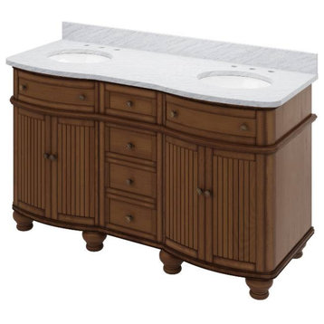 Compton Traditional Walnut 60" Double Oval Sink Vanity with Carrara Marble Top