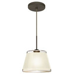 Besa Lighting - Besa Lighting 1JT-PIC9WH-BR Pica 9 - One Light Cord Pendant with Flat Canopy - Pica 9 is a compact tapered glass with a broad top and a radiused return at the bottom, its retro styling will gracefully blend into today's environments. The Blue Sand decor begins with a clear blown glass, with glossy outer finish. We then, using a handcrafting technique, carefully apply a band of actual fine-grained sand to the inner surface of the glass, where white color is fully saturated into the coating for a bold statement. A final clear protective coating is applied to seal and preserve the accent material. The result is a beautifully textured work of art, comfortable with the irony of sand being applied to a glass that ordinates from sand. When illuminated, the colors shimmers through the noticeable refractions created by every granule, as the sand patterning is obvious and pleasing. The cord pendant fixture is equipped with a 10' SVT cordset and an low profile flat monopoint canopy. These stylish and functional luminaries are offered in a beautiful brushed Bronze finish.  No. of Rods: 4  Canopy Included: TRUE  Shade Included: TRUE  Canopy Diameter: 5 x 0.63< Rod Length(s): 18.00Pica 9 One Light Cord Pendant with Flat Canopy Bronze White Sand GlassUL: Suitable for damp locations, *Energy Star Qualified: n/a  *ADA Certified: n/a  *Number of Lights: Lamp: 1-*Wattage:75w A19 Medium base bulb(s) *Bulb Included:No *Bulb Type:A19 Medium base *Finish Type:Bronze