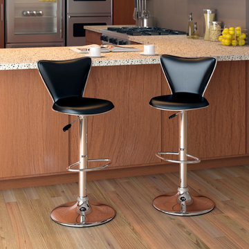 Tall Curved Back Adjustable Bar Stool, Black Leatherette, Set of 2