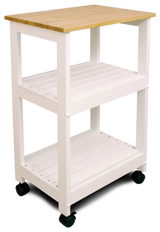 Catskill Microwave/Utility Wood Butcher Block Kitchen Cart in White Transitional Kitchen