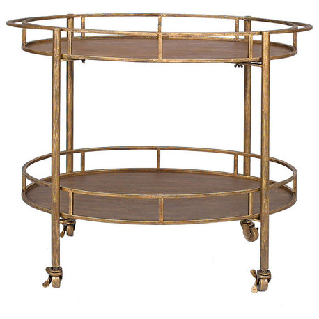 2-Tier Metal Bar Cart With Locking Caster Wheels, Gold