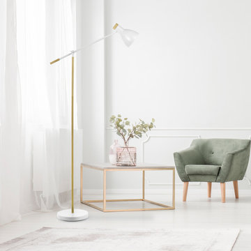 70" Floor Lamp, White, Matte Finish, Faux Wood Accents, On/Off Foot Switch