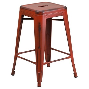 Bowery Hill 24" Industrial Metal Counter Stool in Distressed Kelly Red