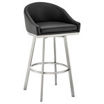 Armen Living - Noran Swivel Bar Stool, Brushed Stainless Steel With Black Faux Leather - Create an inviting and comfortable setting with the Noran Swivel Counter or Bar Height Stool in Faux Leather and Metal by Armen Living. A perfect blend of style and comfort, our barstool features a barrel style seat and sturdy 4-leg metal base. This metal bar stool is upholstered in faux leather upholstery. Faux leather does not crack easily and is stain resistant, does not fade easily and is also UV resistant. This modern bar stool is ideal for your kitchen island, pub table, home bar, or adjustable desk. Use universally in your home from your kitchen to your home office and allow its versatility to shine. The convenient 360-degree swivel function allows for maximum mobility. The smooth glide swivel allows you to change directions with ease, making this your new favorite seat in your home. This swivel bar or counter stool easily incorporates into any home and is available in your choice of counter or bar seat height and comes in a brushed stainless-steel finish with black, grey, or white faux leather upholstery or a black finish with black and grey faux leather upholstery.