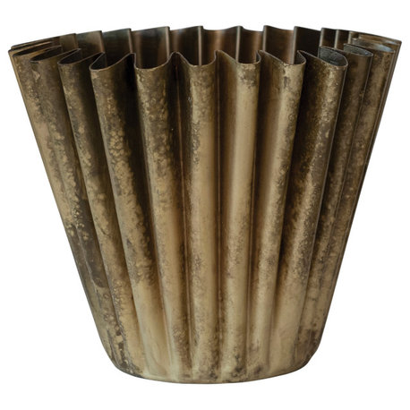 Pleated Metal Vase, Antique Brass Finish, Large