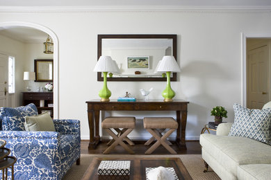 Inspiration for a traditional living room in DC Metro with white walls and dark hardwood floors.