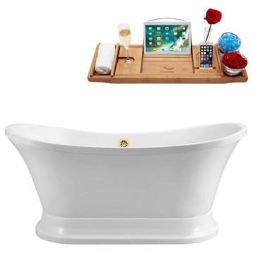 60" Soaking Free Standing Tub With External Drain, White/Gold