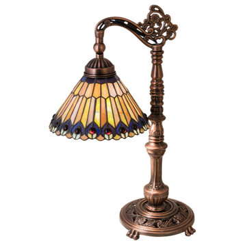 19H Tiffany Jeweled Peacock Bridge Arm Desk Lamp
