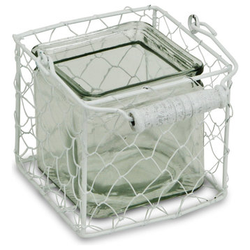 Laguna Wire Basket With Glass Jar, White, Large, Medium
