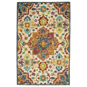 Nourison Bahari 60x84" Rectangle Transitional Wool Area Rug in Ivory/Blue