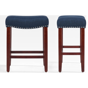 WestinTrends 2PC 24" Upholstered Saddle Seat Counter Height Stool Set, Bar Stool, Cherry/Navy Blue