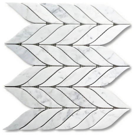 Feather Mosaic Tile Carrara White Carrera Venato Marble Grand Leaf, 1 sheet