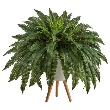 Nearly Natural 2.5" Boston Fern Artificial Plant, White Planter With Legs