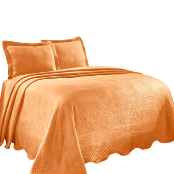 Geometric Fret Scalloped Cotton Bedspread Set, Queen, Salmon