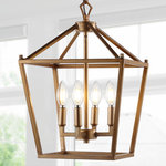 JONATHAN Y - Pagoda Lantern Metal LED Pendant, Antique Gold, 12" - This classic lantern pendant light features a metal caged frame of negative space with exposed bulbs that illuminate from within the center. The shape of the fixture is inspired by iconic street oil lanterns. The pendant light suspends from a chain link that is adjustable to allow the fixture to hang only 22"down, or up to 94" from your ceiling, where it anchors with a round metal canopy.
