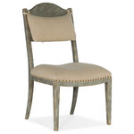 Hooker Furniture - Alfresco Aperto Rush Side Chair - Evoke a welcoming European farmhouse with the charming and distinct Aperto Rush Side Chair. The comfortable upholstered seat covered in the ecru-colored Chimay Linen performance fabric is trimmed in light bronze nailheads, and a removeable back cushion offers neck and head support. The light gray finish has a distressed antiqued appearance, and the woven corn leaf back gives tactile appeal.