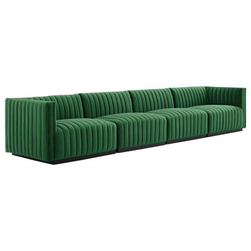 Conjure Channel Tufted Velvet 4-Piece Sofa, Black Emerald