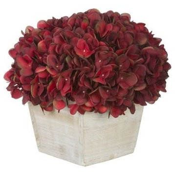 Artificial Burgundy Hydrangea in White-Washed Wood Cube