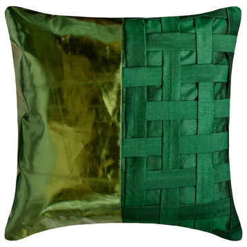 Green Faux Leather and Silk Patchwork 12"x12" Throw Pillow Cover Green N Half