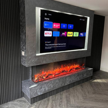 1900 Mediawall Electric Fire with Grey Cladding and Textured Paint Wall
