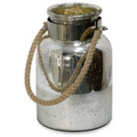 Stylecraft - Payne Half Etched Glass Lantern Jar Antique Silver - Bursting with farmhouse flair, this half etched glass lantern jar offers a brilliant mix of materials to complement its antique silver finish. A sleek chrome metal band accents the delicate glass, creating an attractive contrast. A rope handle emphasizes the jar's rustic feel, enhancing the charming aesthetic that makes this piece a fetching decoration for modern living rooms.