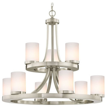 Satin Nickel Chandelier with Gloss White Glass 9-Lt 2-Tier